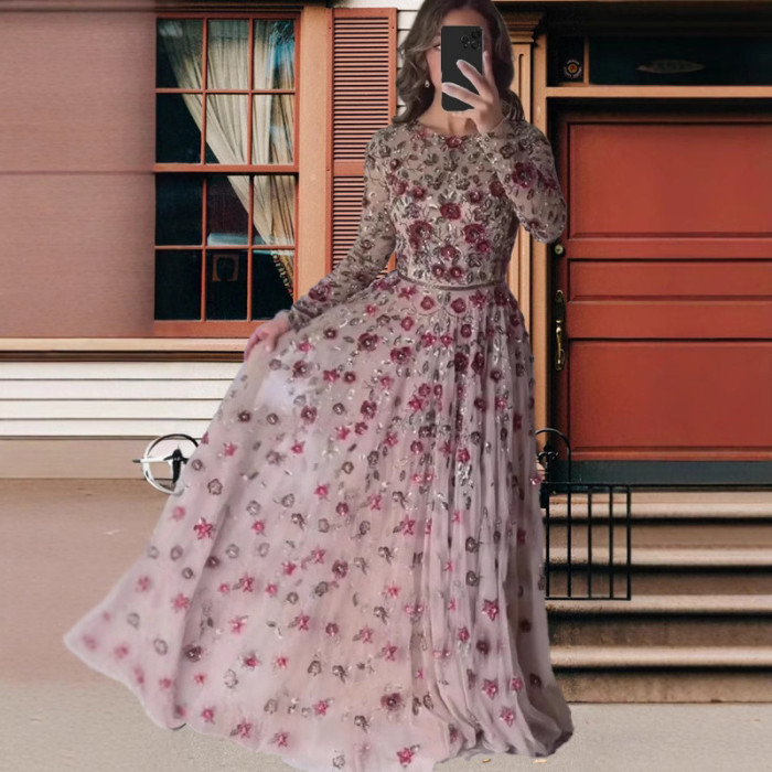 Fashion Sexy Elegant Bohemian Style Long Sleeve Floral Swing Dress
