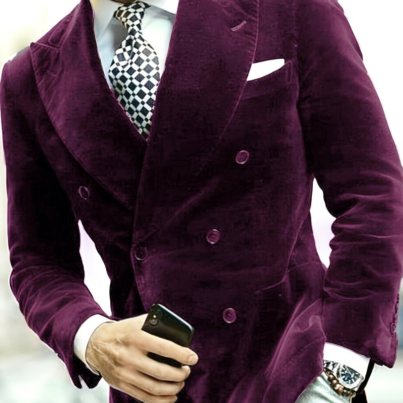 Double-Breasted Men's Solid Fashion Blazer, Tailored Fit Suit Coat With Notch Lapels For Business Wedding Party Occasions