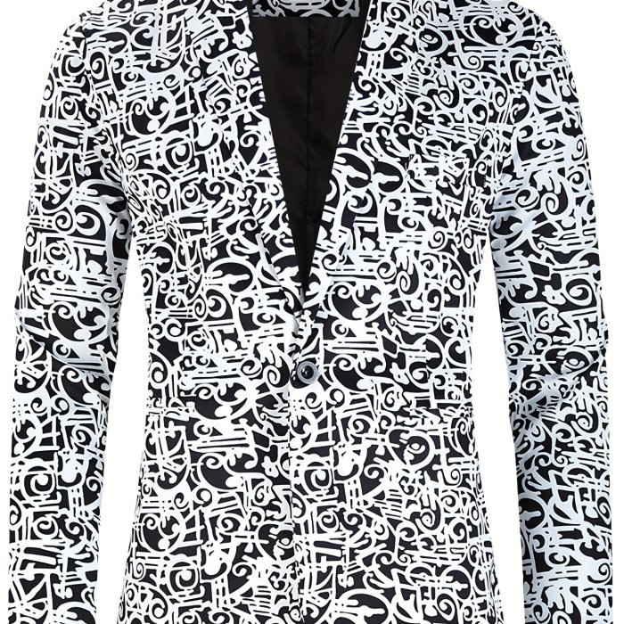 Musical Note Embroidered One Button Flap Pocket Blazer - Men's Casual Sports Coat for Spring and Fall Business - Classic Old Money Style with Lapel and Pockets