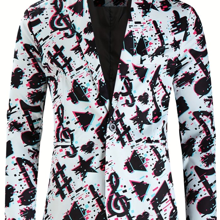 Musical Note Embroidered One Button Flap Pocket Blazer - Men's Casual Sports Coat for Spring and Fall Business - Classic Old Money Style with Lapel and Pockets