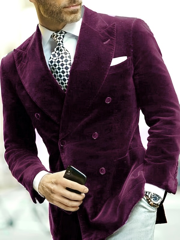 Double-Breasted Men's Solid Fashion Blazer, Tailored Fit Suit Coat With Notch Lapels For Business Wedding Party Occasions
