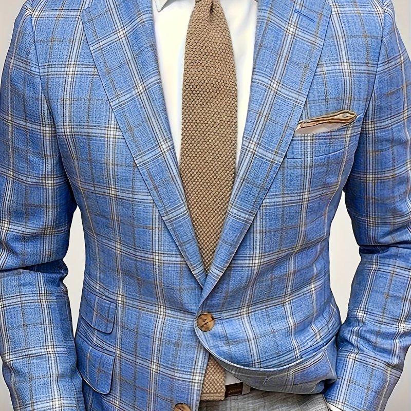 1pc Men'S Casual Checkered Blazer, Lightweight Polyester Suit Jacket with Lapel Collar, Non-Stretch Fabric, Regular Fit for Spring\u002FAutumn - Business Style