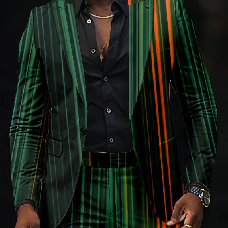Men'S Polyester Blazer, Casual Lapel Collar, Long Sleeve, Single Button Placket, Skinny Fit, with Green-Orange Stripe Print, Spandex Blend, Slight Stretch, for Spring\u002FFall, Going Out Jacket