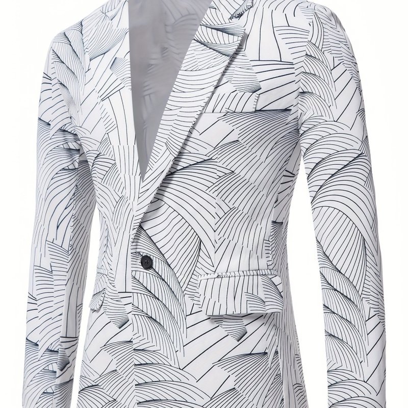 Men's Geometric Wave Printed Blazer, Casual Polyester Suit Jacket, Regular Fit, Non-Stretch, Spring\u002FAutumn Season, Faux Pockets, Notched Lapel, Men's Fashion Outerwear