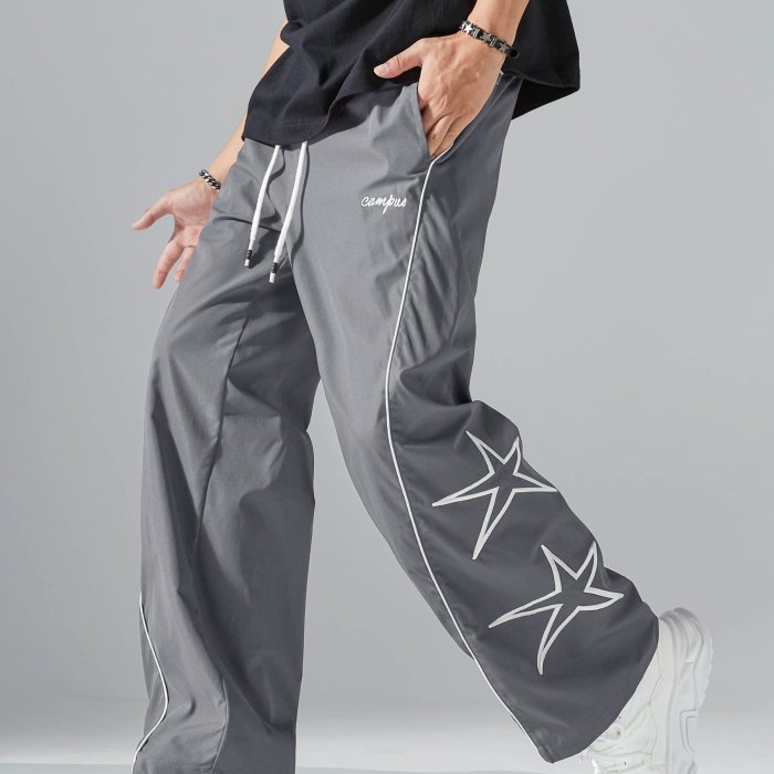 Men's Casual Striped & Star Pattern Drawstring Wide-Leg Pants - Polyester, Machine Washable, Non-Stretch, All-Season Comfort Fit with Pockets, Perfect for Outdoor Activities