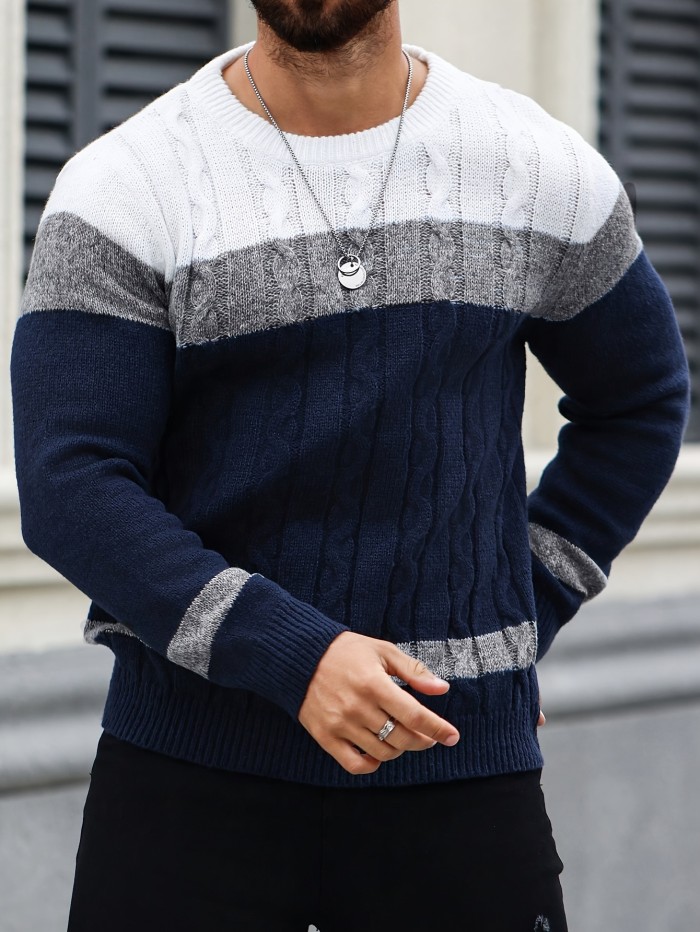 Men's Color Block Knit Sweater - Casual Crew Neck Long Sleeve Pullover for Fall\u002FWinter, Polyester Blend, Regular Fit