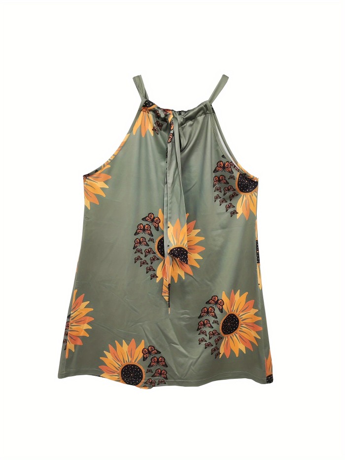 Women's Printed Sunflower Pattern Design Hanging Neck Fashion Dress