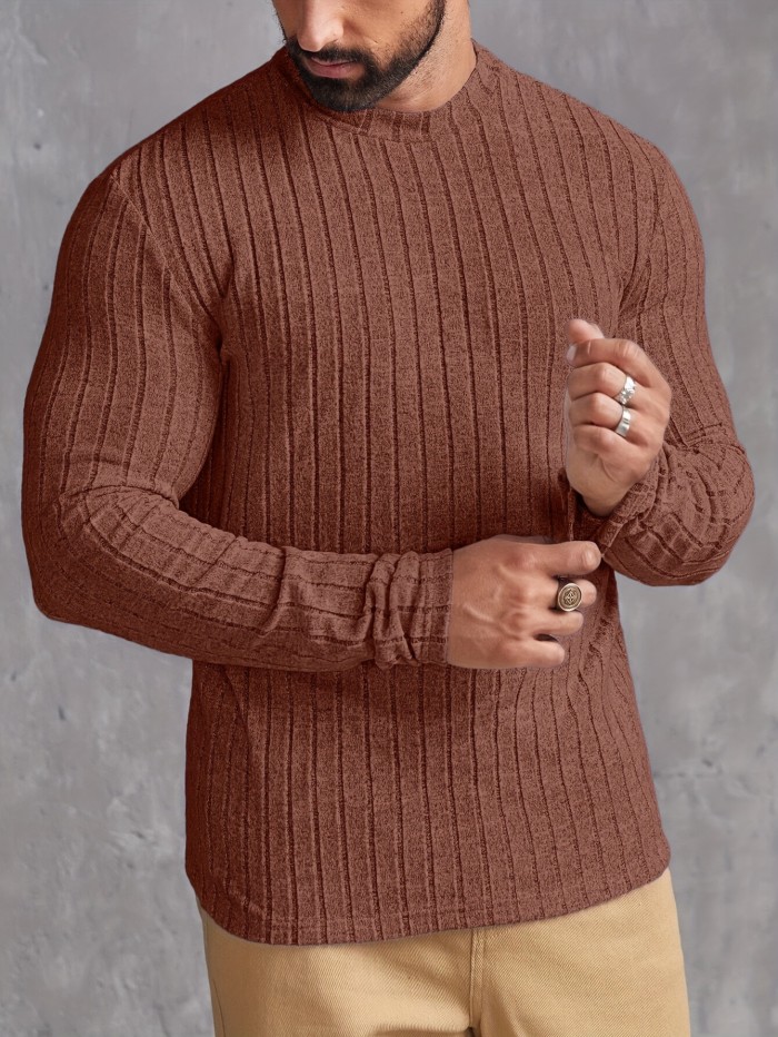 Ribbed Mens Slim Fit High Stretch Knitted T-Shirt - Ultra-Comfortable Long Sleeve Pullover for Spring & Fall - Versatile Round Neck Top