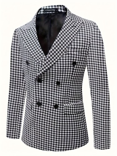Vintage Style Men'S Houndstooth Pattern Suit Jacket, Polyester Non-Stretch Fabric, Regular Fit, with Notched Lapel, Front Split Detail, for Formal Occasions, Fall\u002FWinter Collection