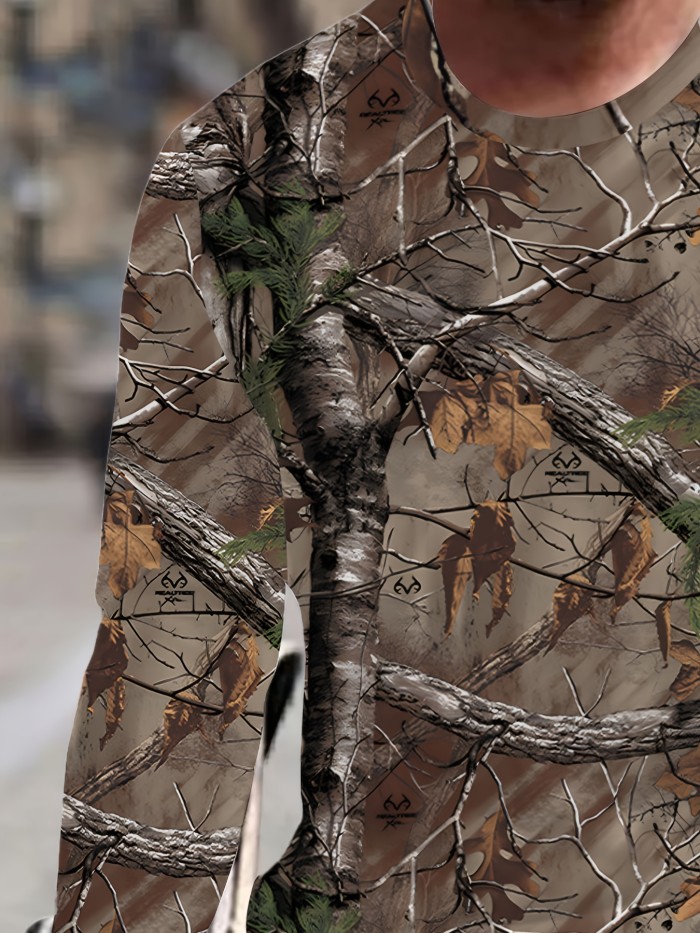 Men's 3D Camo Print Casual Knit T-Shirt - Crew Neck, Long Sleeve, Polyester Blend, Machine Washable - Perfect for Spring\u002FSummer\u002FFall