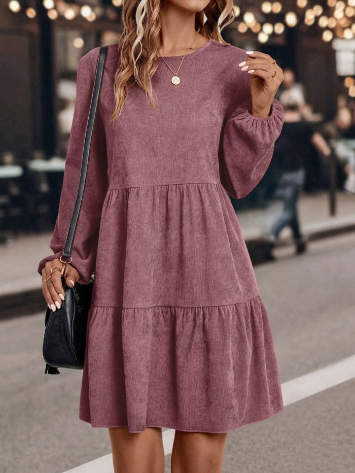 For Spring & Fall, Long Sleeve Solid Color Crew Neck Casual Tucked Dress, Women's Clothing