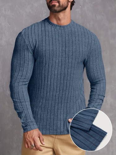 Ribbed Mens Slim Fit High Stretch Knitted T-Shirt - Ultra-Comfortable Long Sleeve Pullover for Spring & Fall - Versatile Round Neck Top