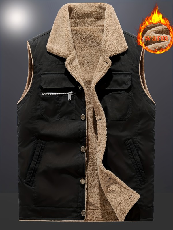 Thickened Fleece Men's Warm Vest, Lightweight Casual Outdoor Multi-Pocket Jacket For Hiking, Running, And Everyday Wear