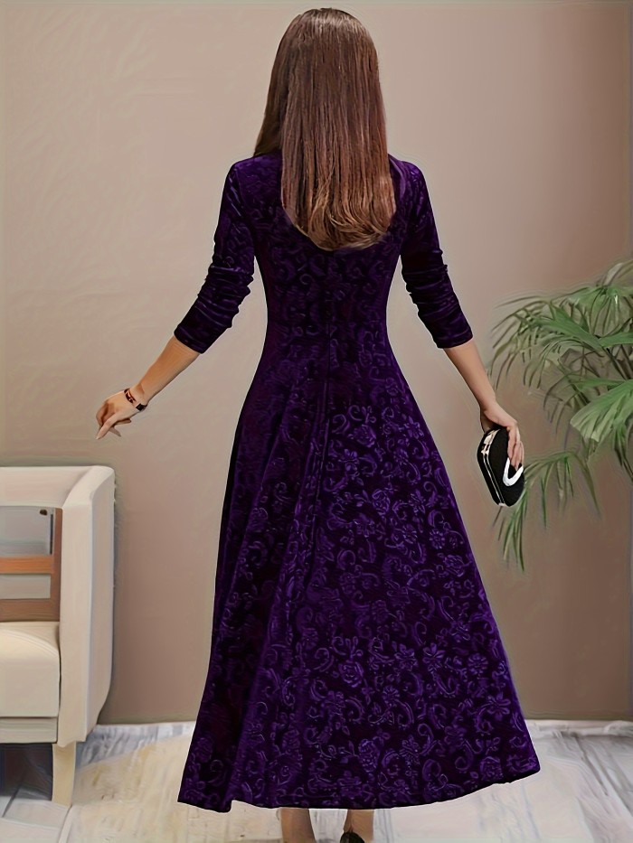 Vibrant Floral Velvet Aline Dress - Elegant Long Sleeve, Square Neck, Swing Design, Soft and Comfortable, Perfect for Spring and Fall, Women's Clothing