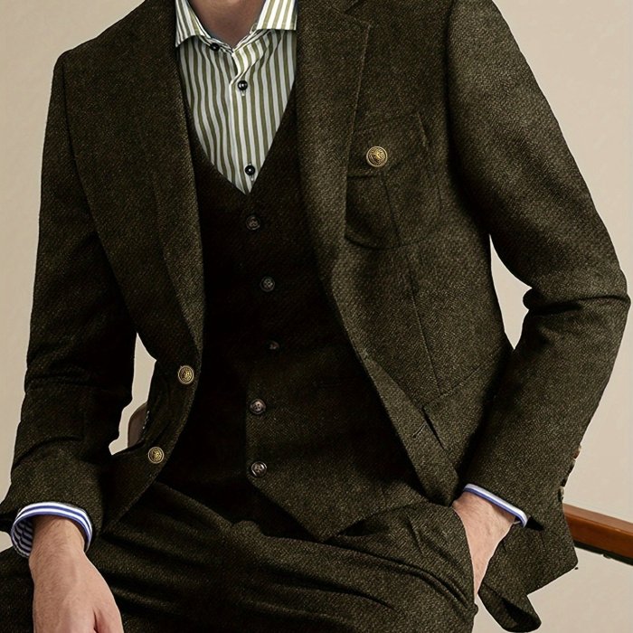 Men'S Tweed Blazer, Classic British Style, Casual Suit Jacket, Solid Color, Woven Fabric, Non-Stretch, Regular Fit, Long Sleeves, Spring\u002FAutumn Season, Pocket Detail, Notched Lapel