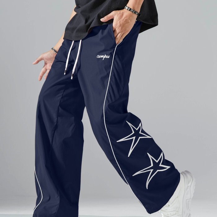 Men's Casual Striped & Star Pattern Drawstring Wide-Leg Pants - Polyester, Machine Washable, Non-Stretch, All-Season Comfort Fit with Pockets, Perfect for Outdoor Activities