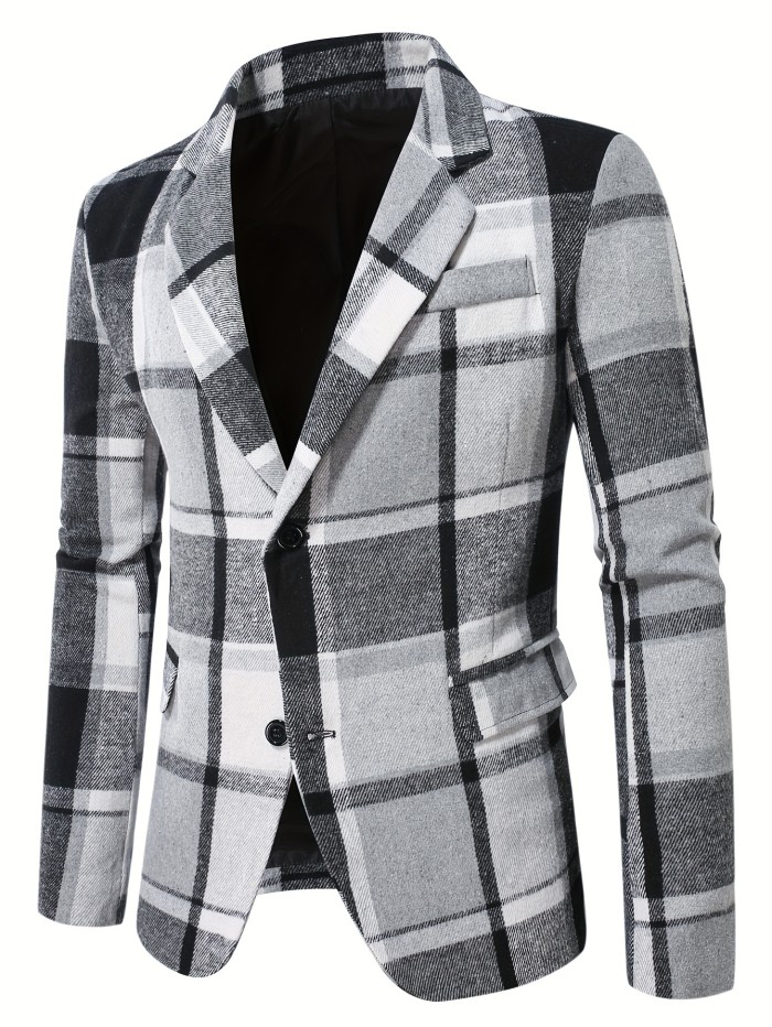 Men's Checkered Graphic Print Blazer With Pockets, Casual Two Button Lapel Suit Jacket For Spring Fall Business Banquets, Parties
