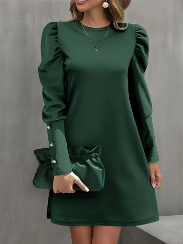Versatile Elegance: All-Season Crew Neck Dress – Chic Puff Sleeves, Fitted Knit Design with Easy-Care Durability