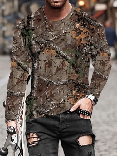 Men's 3D Camo Print Casual Knit T-Shirt - Crew Neck, Long Sleeve, Polyester Blend, Machine Washable - Perfect for Spring\u002FSummer\u002FFall