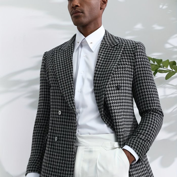 Men's Classic Houndstooth Double-Breasted Blazer - Casual & Elegant, Long Sleeve with Real Pockets, Perfect for All Seasons