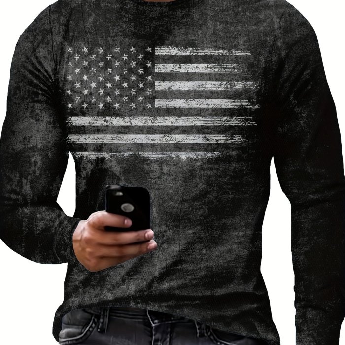 Men's Patriotic American Flag Long Sleeve T-Shirt - Casual, Breathable Polyester, Machine Washable