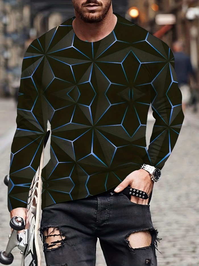 Versatile 3D Geometric Print Men's Casual T-Shirt - Comfortable, Durable & Easy-Care for All-Season Wear