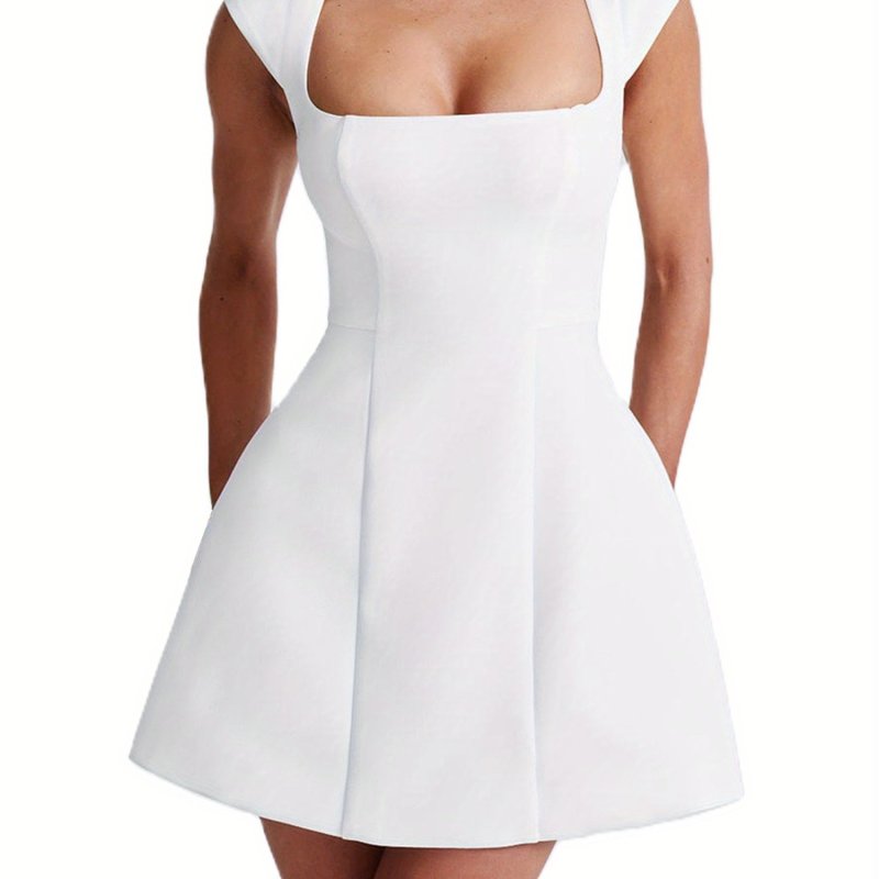Women's Cap Sleeves Mini Dress Solid Color Square Neck Slim A-Line Dress with Pockets