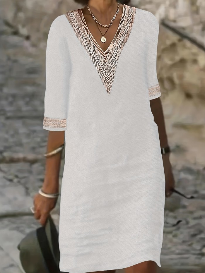 Chic Guipure Lace V-Neck Tunic Dress - Easy-Care, Knee-Length, All-Season Comfort with Stylish Hollow Details