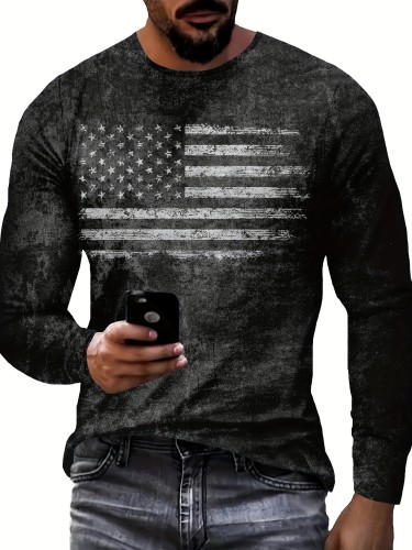 Men's Patriotic American Flag Long Sleeve T-Shirt - Casual, Breathable Polyester, Machine Washable