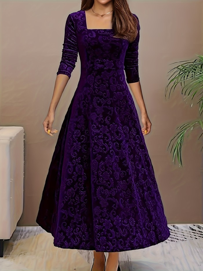 Vibrant Floral Velvet Aline Dress - Elegant Long Sleeve, Square Neck, Swing Design, Soft and Comfortable, Perfect for Spring and Fall, Women's Clothing