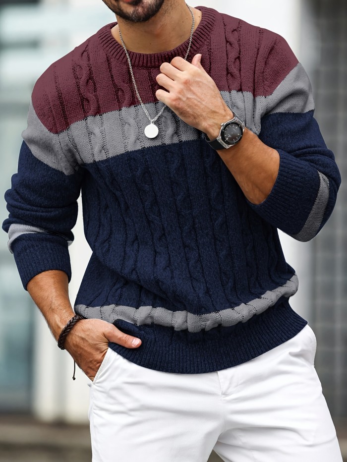 Men's Color Block Knit Sweater - Casual Crew Neck Long Sleeve Pullover for Fall\u002FWinter, Polyester Blend, Regular Fit