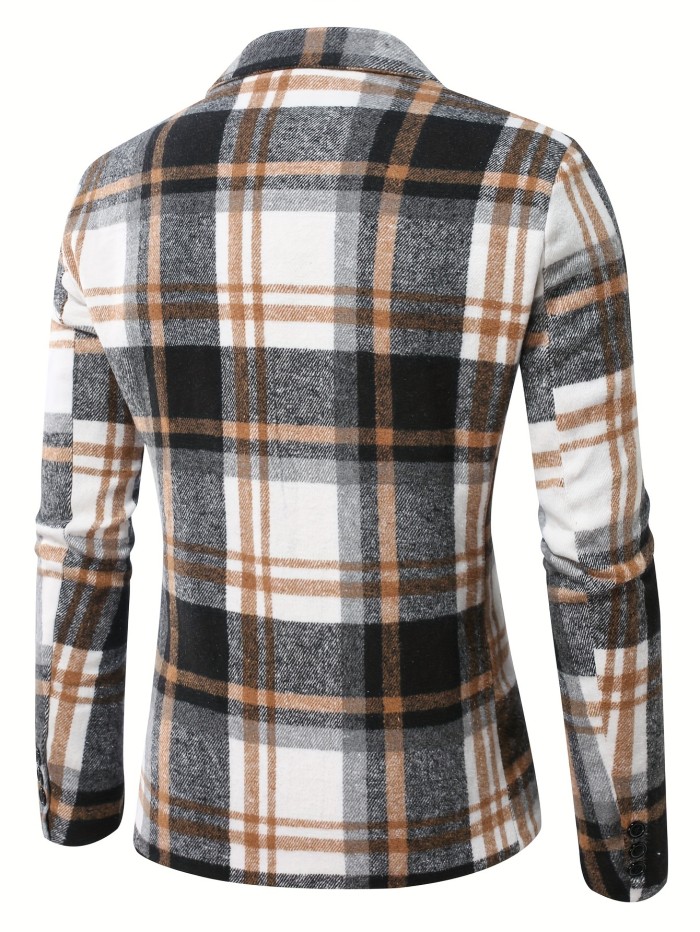 Men's Checkered Graphic Print Blazer With Pockets, Casual Two Button Lapel Suit Jacket For Spring Fall Business Banquets, Parties