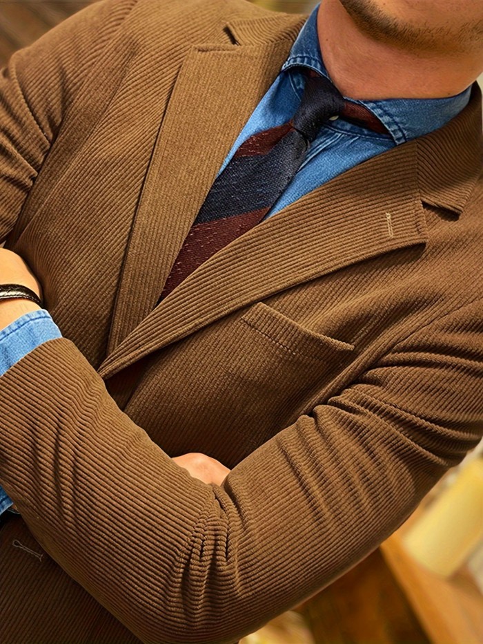 Men's Corduroy Blazer - Casual Single-Breasted Jacket with Suit Collar, Solid Color, Perfect for Fall\u002FWinter