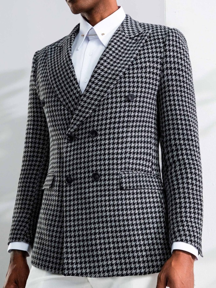 Men's Classic Houndstooth Double-Breasted Blazer - Casual & Elegant, Long Sleeve with Real Pockets, Perfect for All Seasons