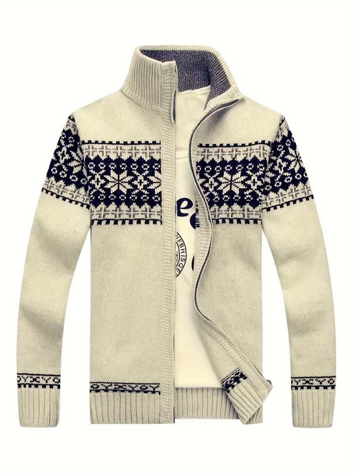 Geometric Snowflake Cardigan - Classic Style, Loose Fit, Stand Collar, Zip Up, Graphic Knit, Leisure Top for Winter and Fall, Cozy and Warm