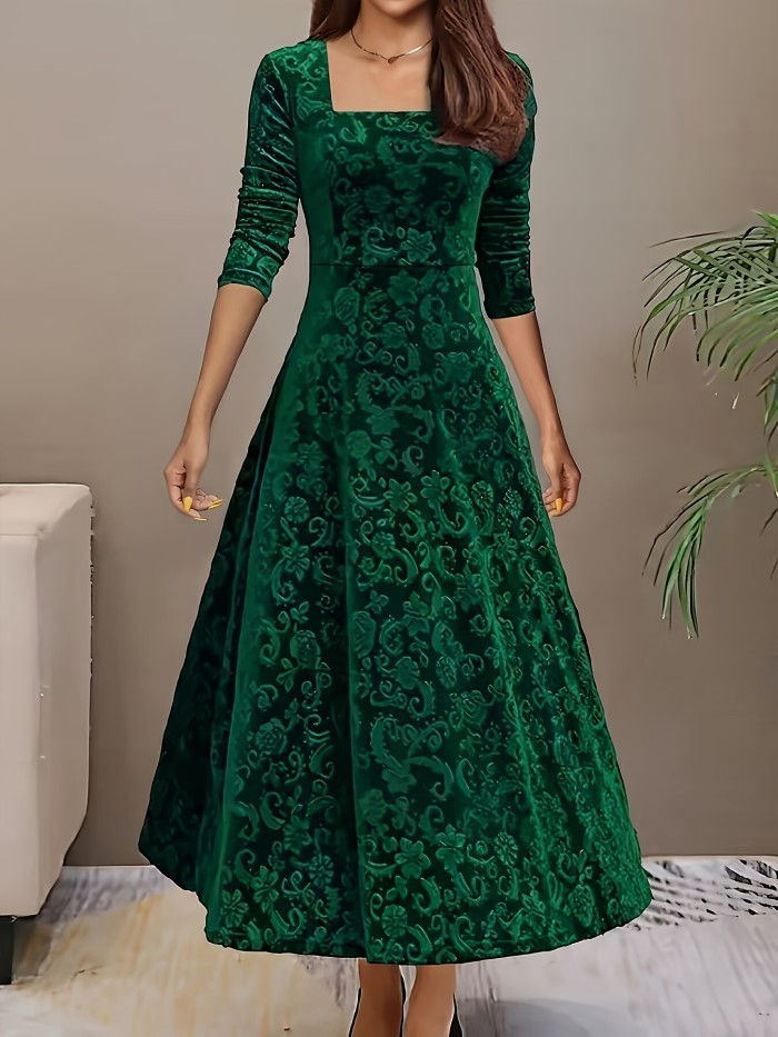 Vibrant Floral Velvet Aline Dress - Elegant Long Sleeve, Square Neck, Swing Design, Soft and Comfortable, Perfect for Spring and Fall, Women's Clothing