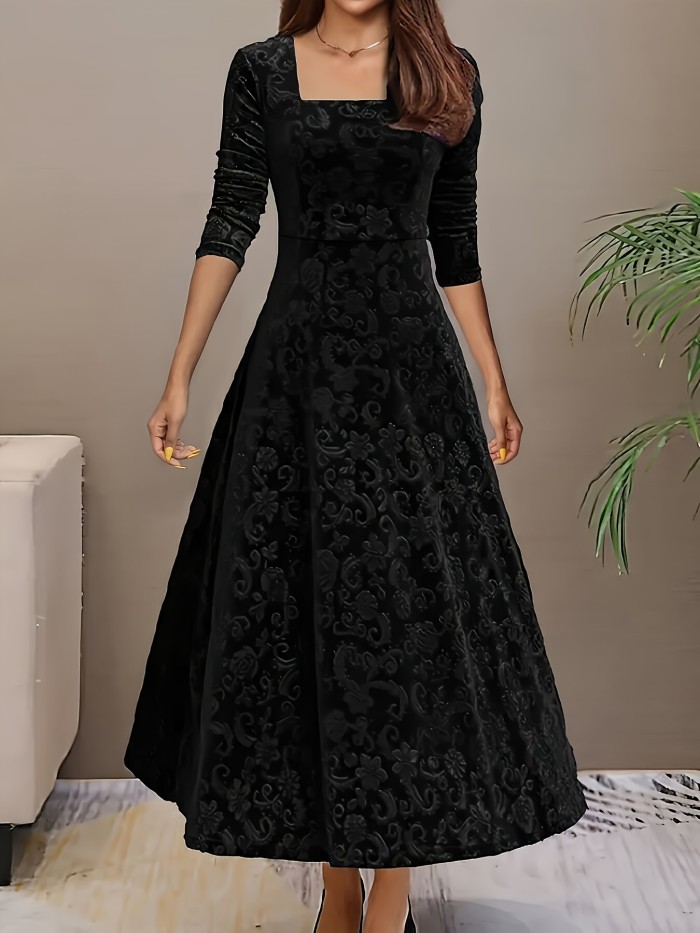 Vibrant Floral Velvet Aline Dress - Elegant Long Sleeve, Square Neck, Swing Design, Soft and Comfortable, Perfect for Spring and Fall, Women's Clothing