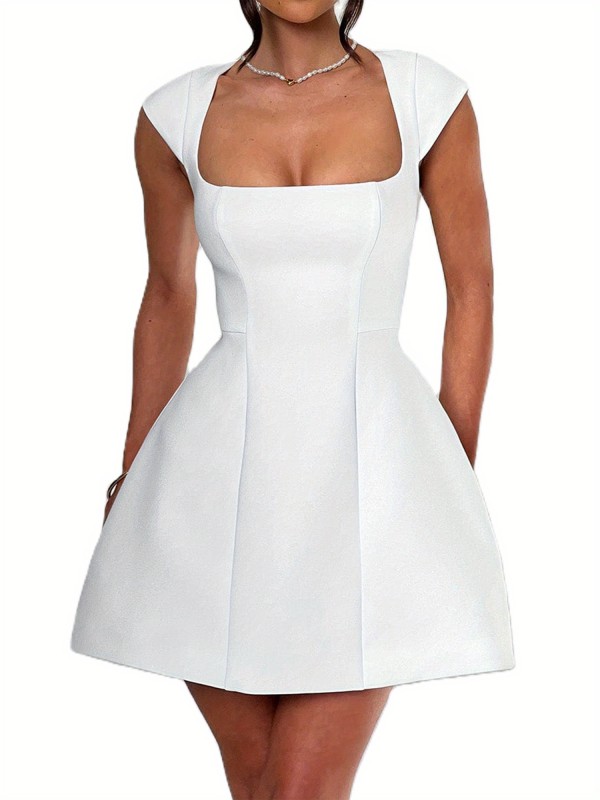 Women's Cap Sleeves Mini Dress Solid Color Square Neck Slim A-Line Dress with Pockets