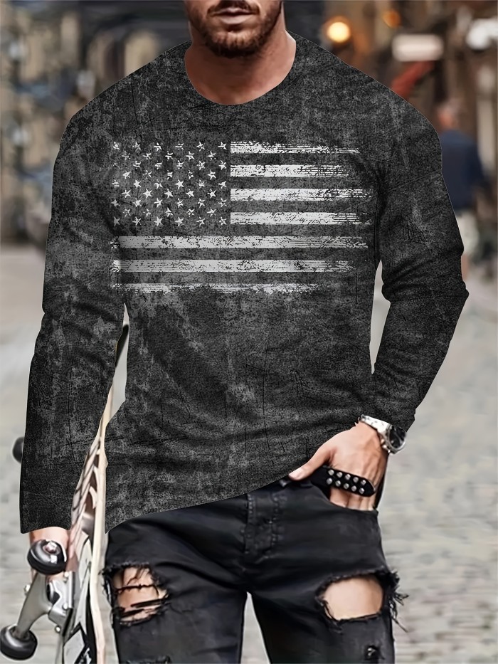 Men's Patriotic American Flag Long Sleeve T-Shirt - Casual, Breathable Polyester, Machine Washable