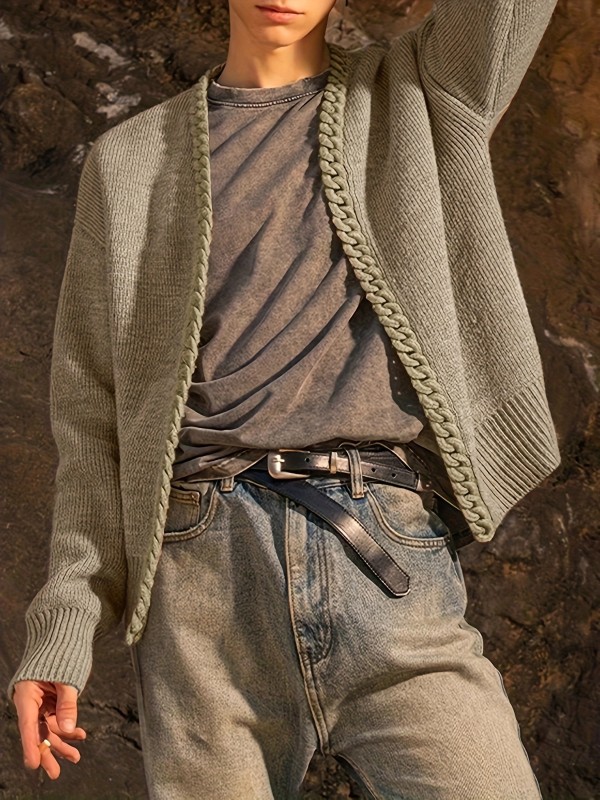 Men's Casual V-Neck Knit Cardigan with Braided Detail - Polyester Blend Long Sleeve Sweater with Slight Stretch for Fall, Spring, Winter - Loose Fit Hiking & Outdoor Top