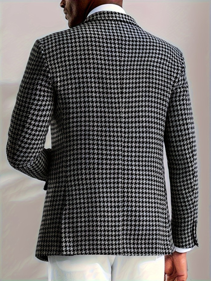 Men's Classic Houndstooth Double-Breasted Blazer - Casual & Elegant, Long Sleeve with Real Pockets, Perfect for All Seasons