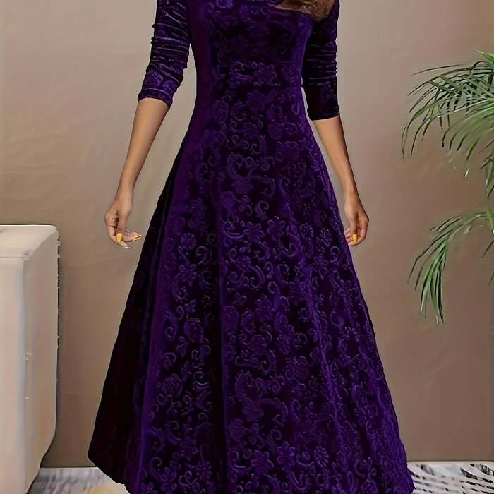 Vibrant Floral Velvet Aline Dress - Elegant Long Sleeve, Square Neck, Swing Design, Soft and Comfortable, Perfect for Spring and Fall, Women's Clothing