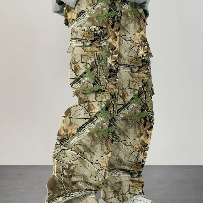 1pc Men'S Multicolor Camouflage Cargo Pants, Vintage Style, Non-Stretch Polyester, All-Season Loose Fit with Multiple Pockets and Drawstring, Regular Length, Woven Print Design for Outdoor Fitness and Trendy Casual Wear