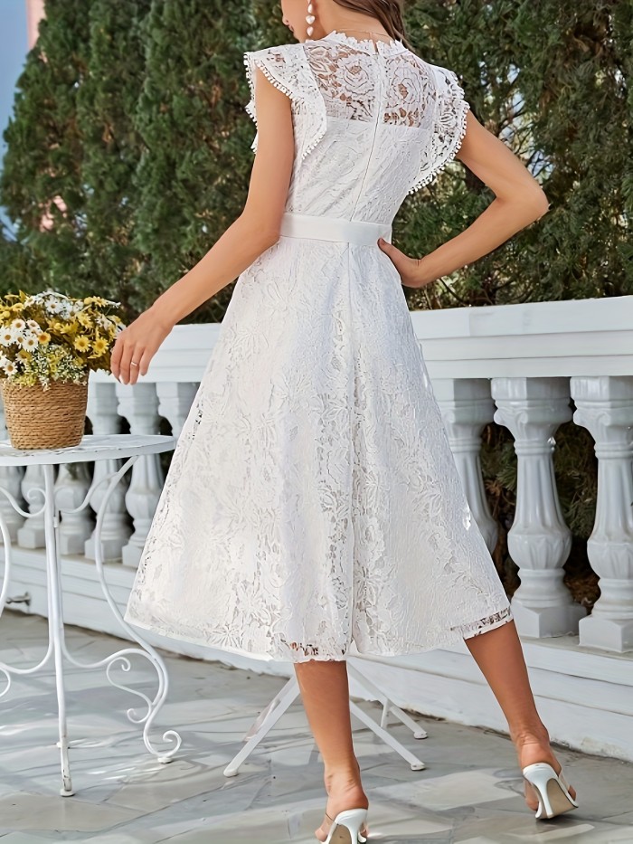 Stunning Lace Tie Waist A-Line Swing Dress - Elegant Cap Sleeves, Slim Fit, Club & Party Perfect, Women's Clothing for Special Occasions