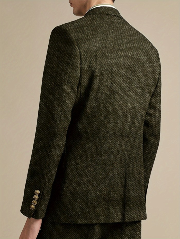 Men'S Tweed Blazer, Classic British Style, Casual Suit Jacket, Solid Color, Woven Fabric, Non-Stretch, Regular Fit, Long Sleeves, Spring\u002FAutumn Season, Pocket Detail, Notched Lapel