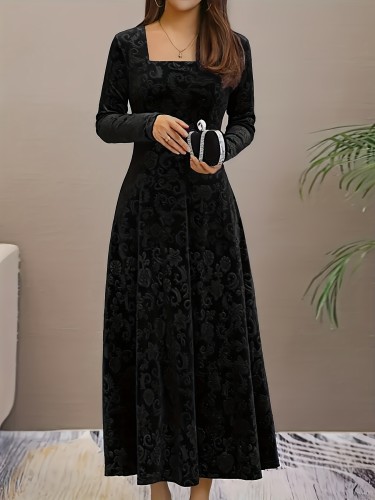 Vibrant Floral Velvet Aline Dress - Elegant Long Sleeve, Square Neck, Swing Design, Soft and Comfortable, Perfect for Spring and Fall, Women's Clothing