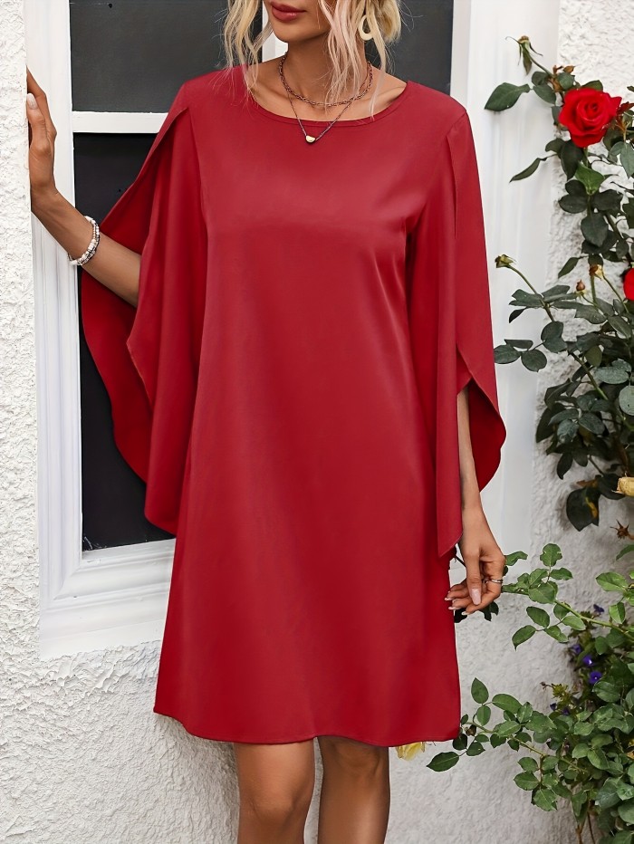 Elegant Solid Color Midi Dress with Petal Sleeves and Side Slits - Crew Neck, Loose Fit for Women - Perfect for Spring, Summer & Fall
