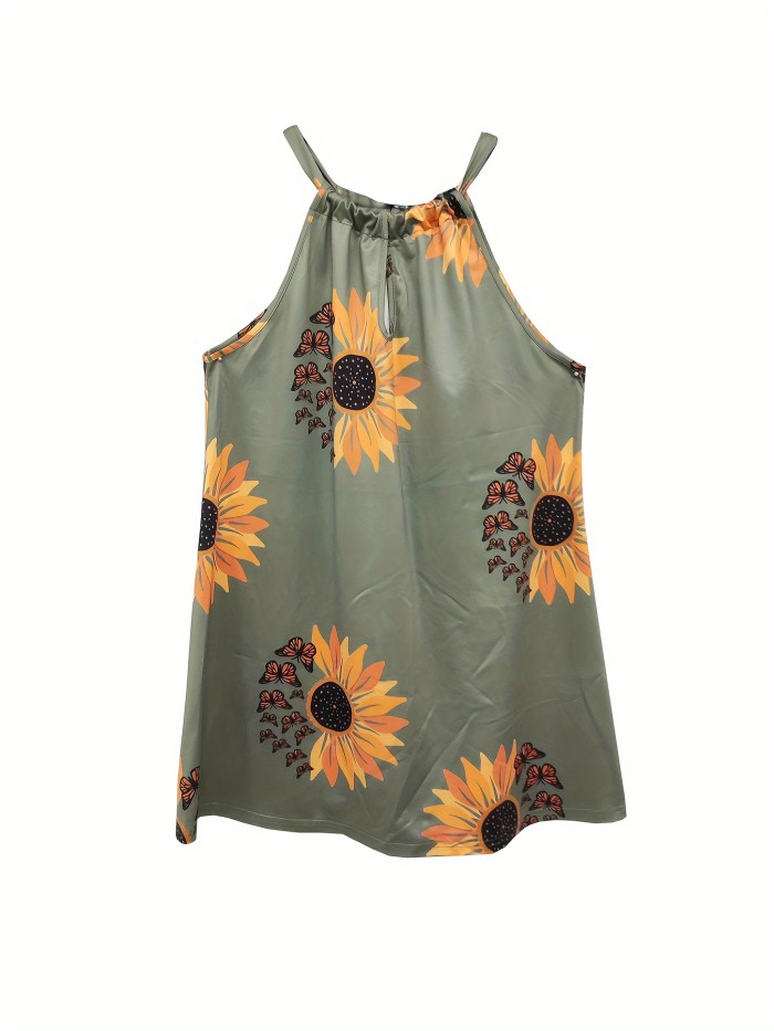 Women's Printed Sunflower Pattern Design Hanging Neck Fashion Dress