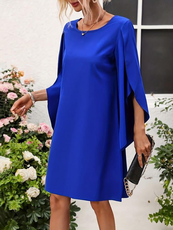 Elegant Solid Color Midi Dress with Petal Sleeves and Side Slits - Crew Neck, Loose Fit for Women - Perfect for Spring, Summer & Fall