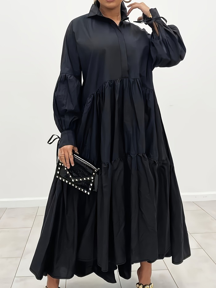 Chic Solid Color Pleated Maxi Dress - Elegant Long Sleeve Collared Design, Flowy Loose Fit, Perfect for Spring & Fall, Women's Clothing for Casual Occasions